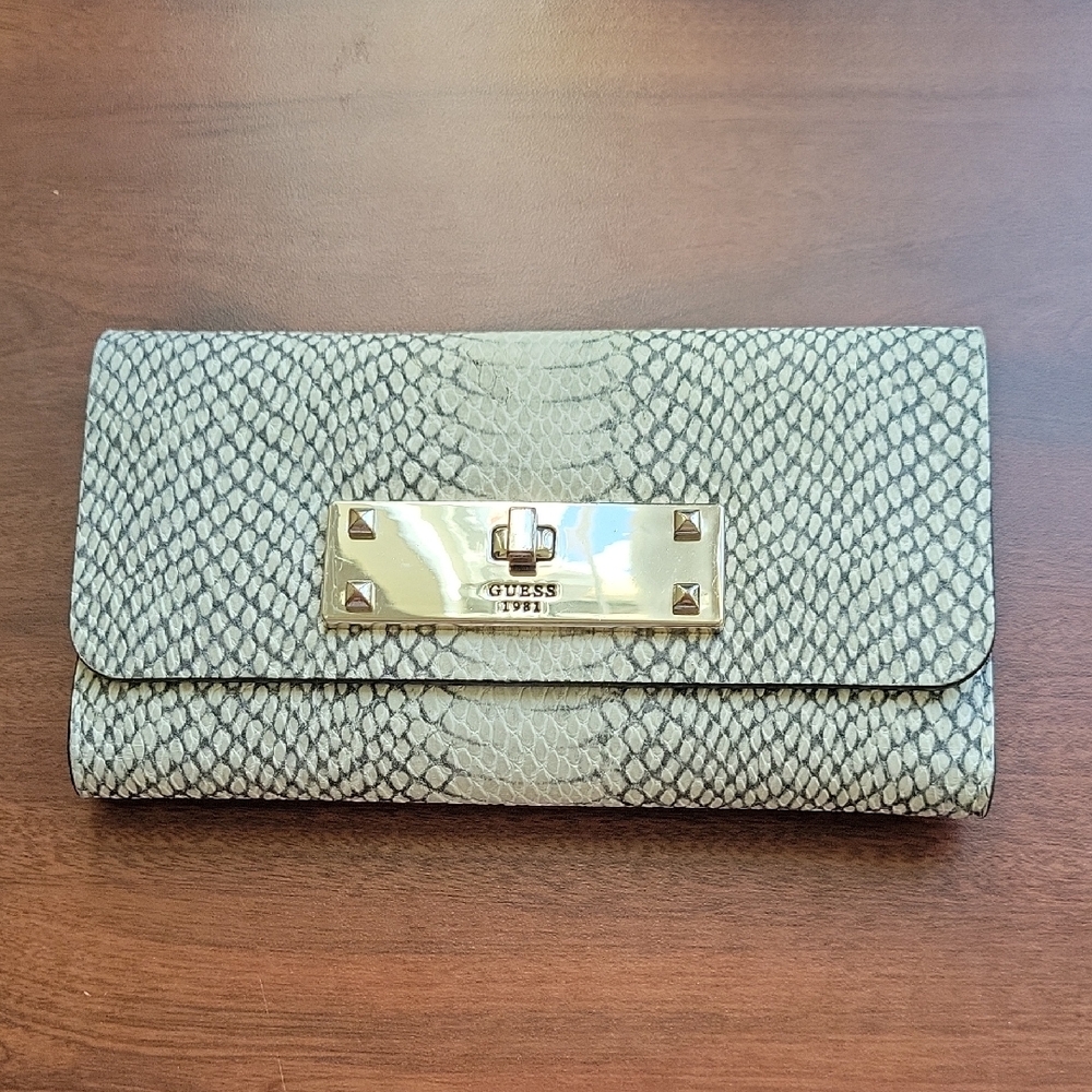 Guess Snake Print Clutch Wallet with Gold Accents